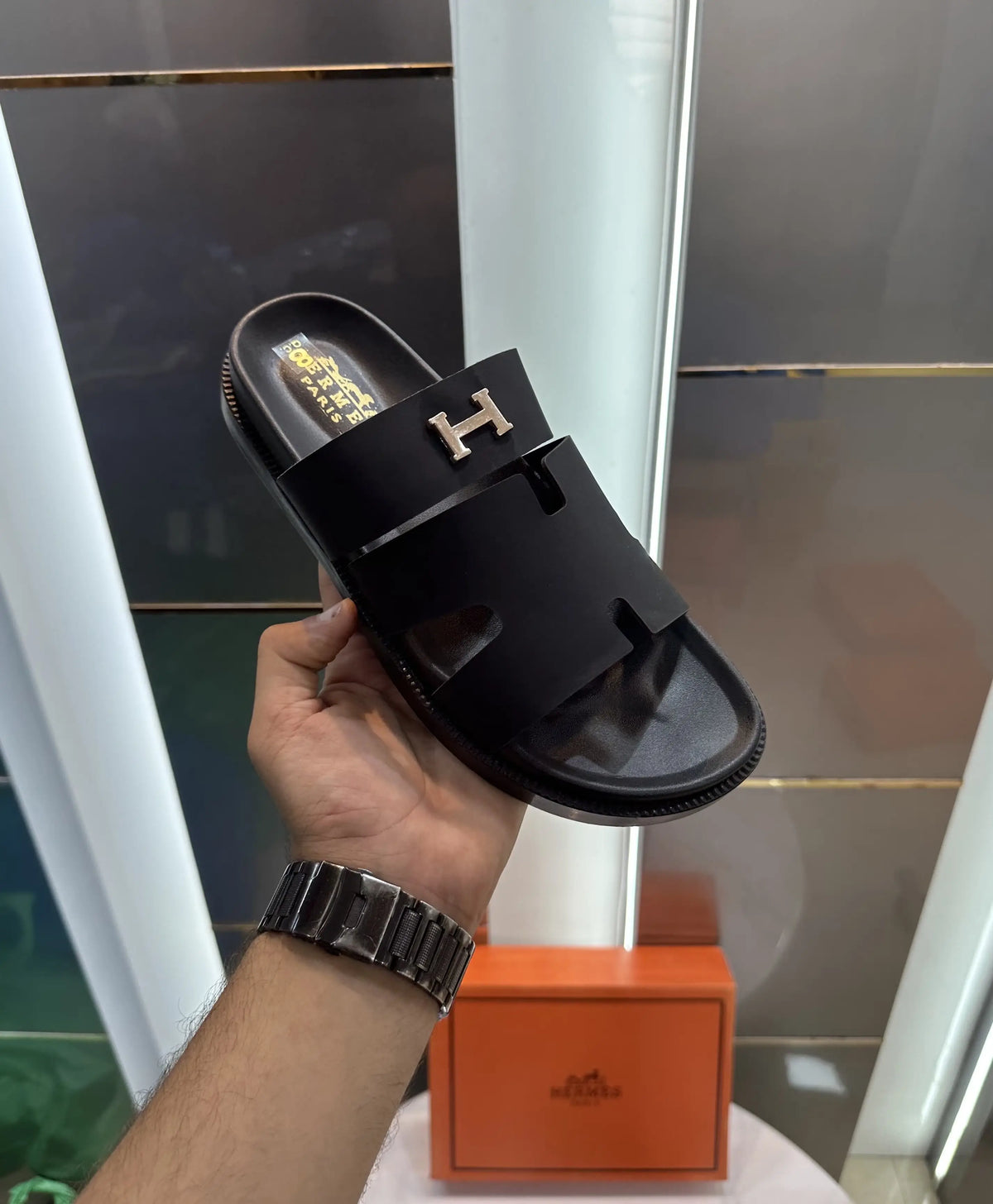Herms Chypre Premium Silver Black Slides