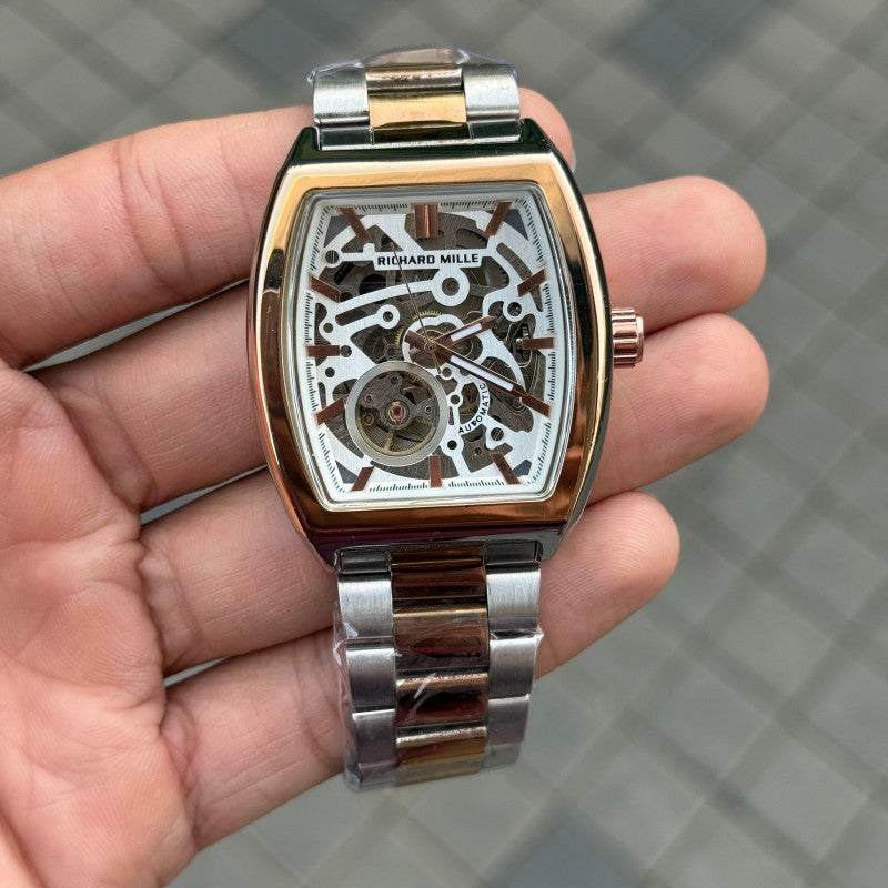 Richard Mill e Open Heart Skeleton Rectangular Two Tone White Dial