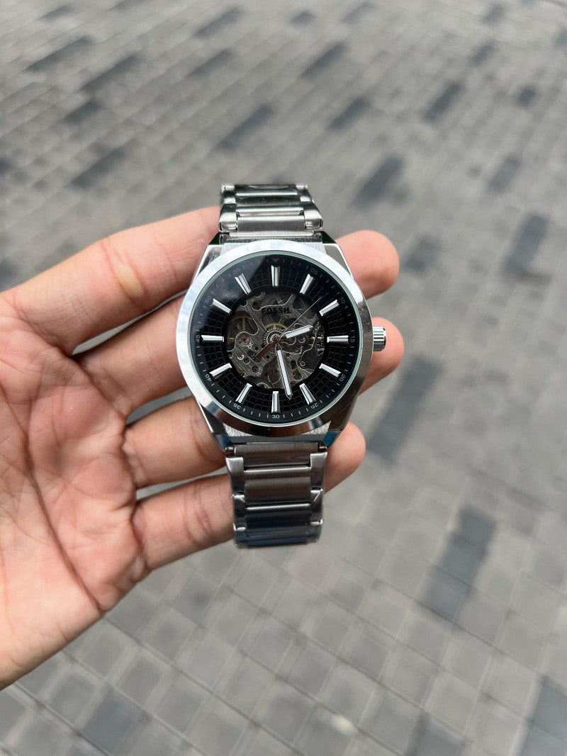 Fossi l Skeleton Automatic Silver Black