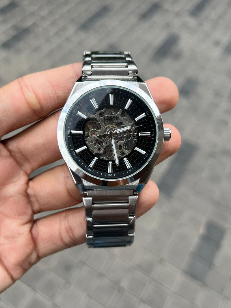 Fossi l Skeleton Automatic Silver Black