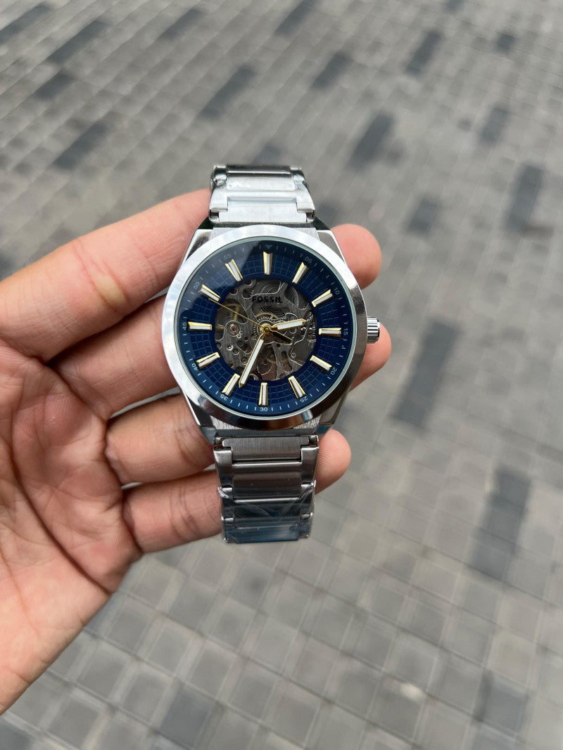 Fossi l Skeleton Automatic Silver Blue
