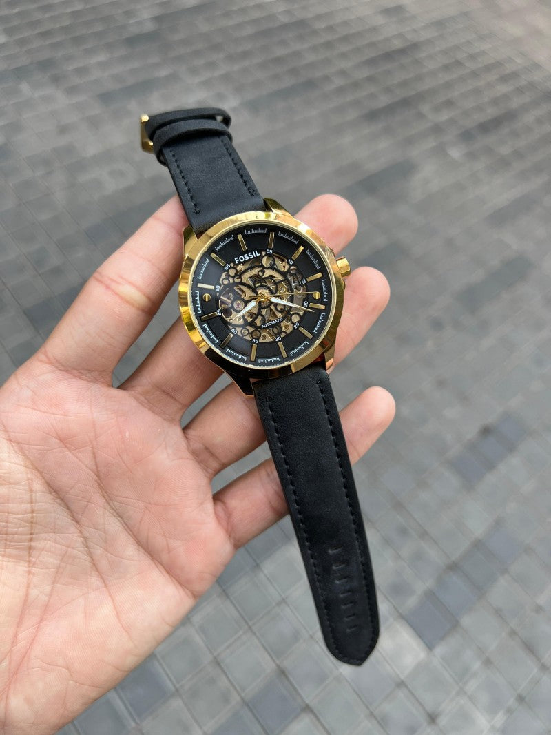 Fossi l Skeleton Automatic Gold Black Leather