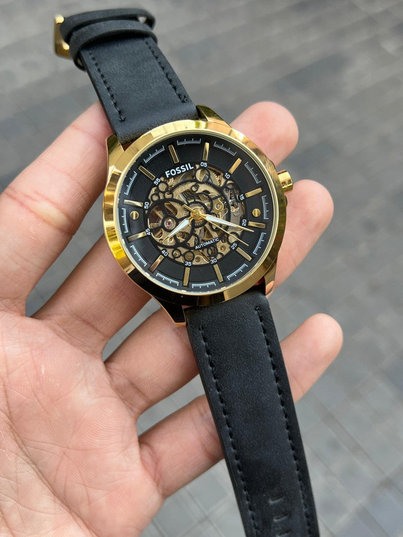 Fossi l Skeleton Automatic Gold Black Leather