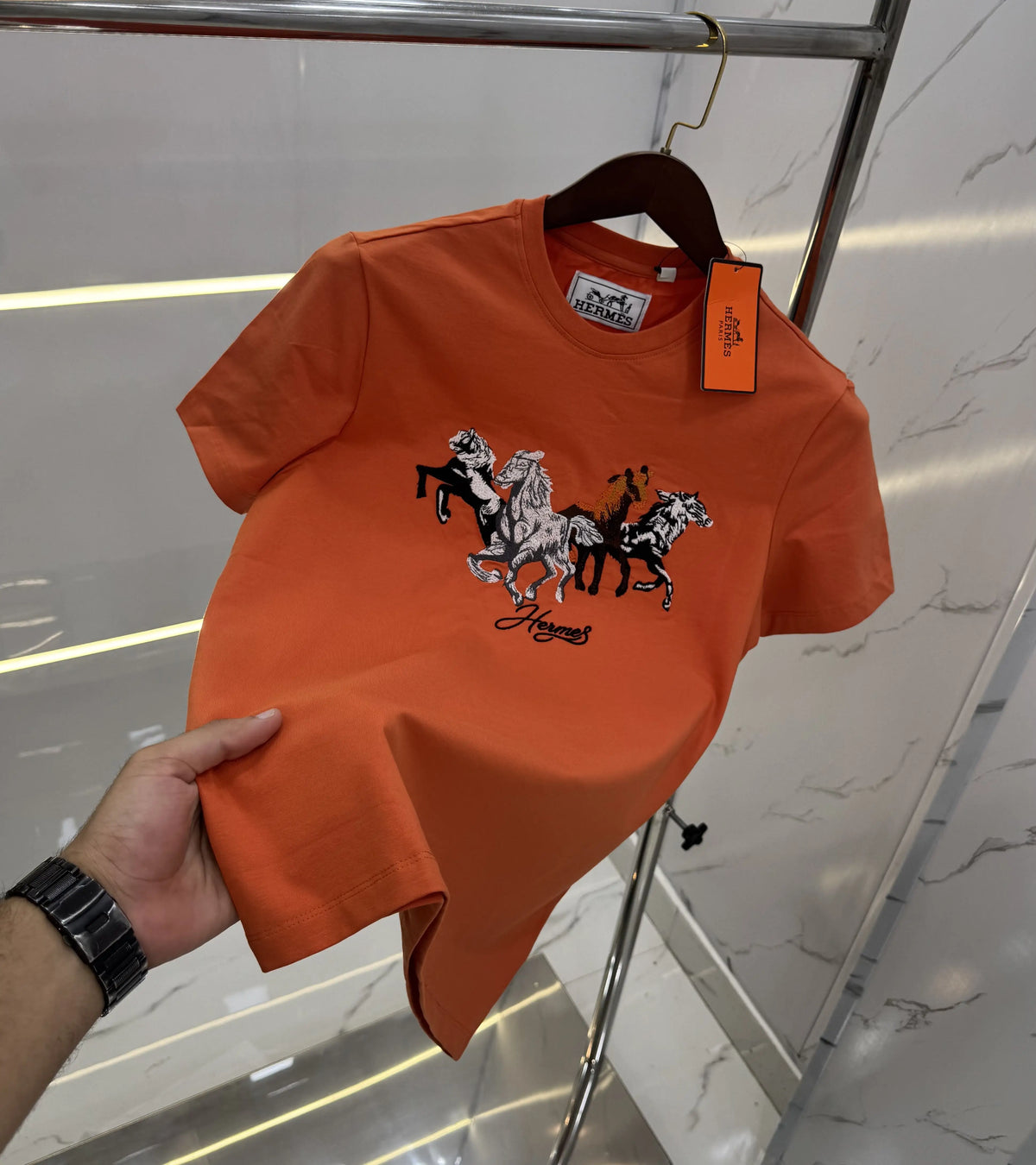 Hermes Orange Embroidery Logo Premium T-Shirt