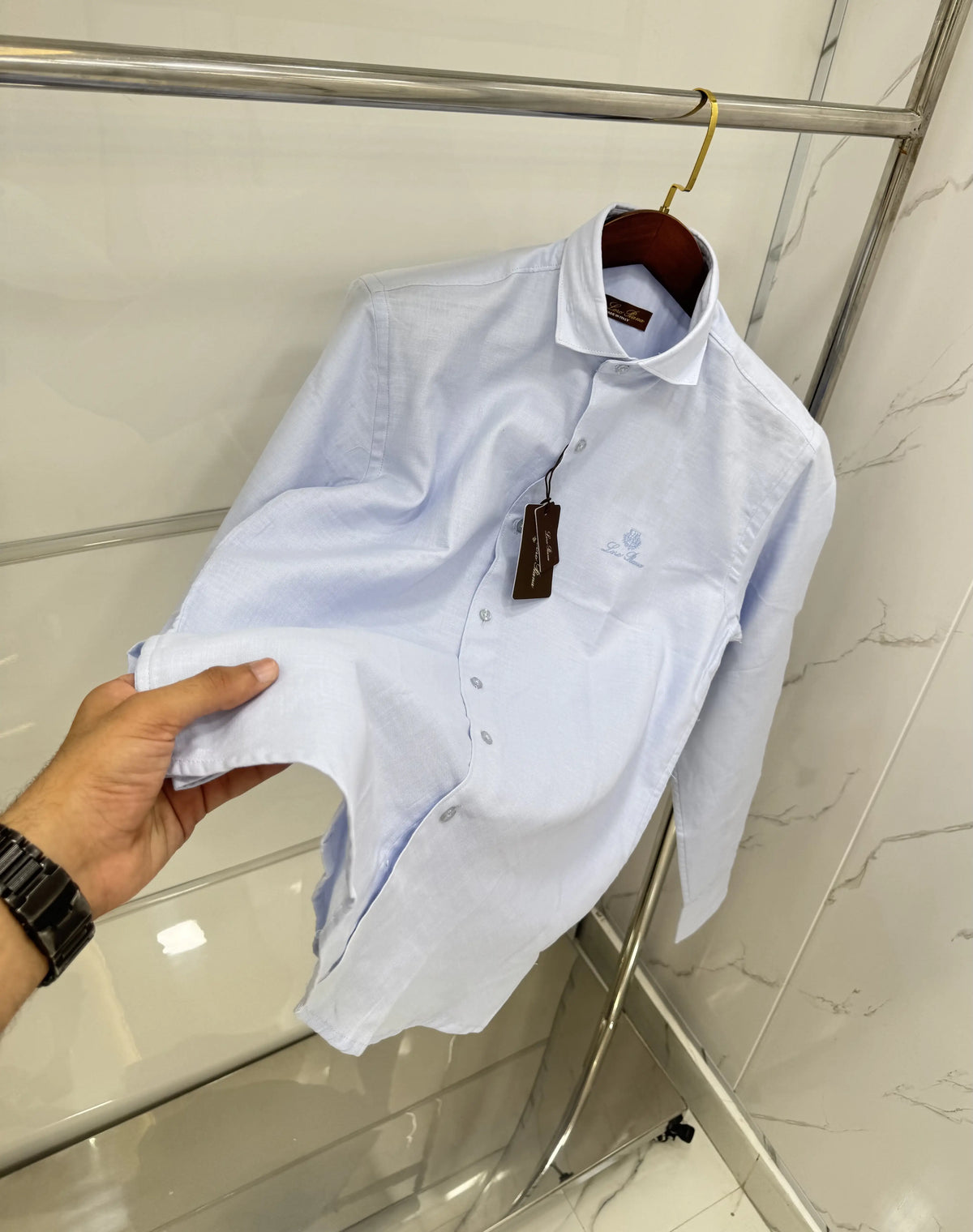 Loro Piana Sky Blue Embroidery Logo Work Premium Shirt