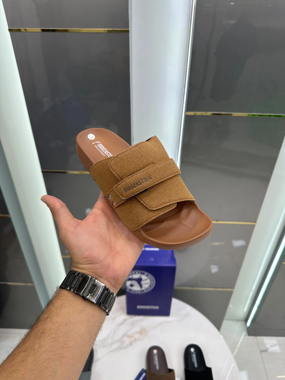 Birkenstock_Tan Adjust Kyoto Nubuck Soft Slide For Men