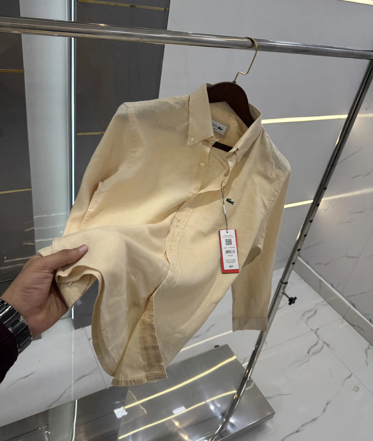Lacost e Beige Embroidery Logo Premium Linen Shirt