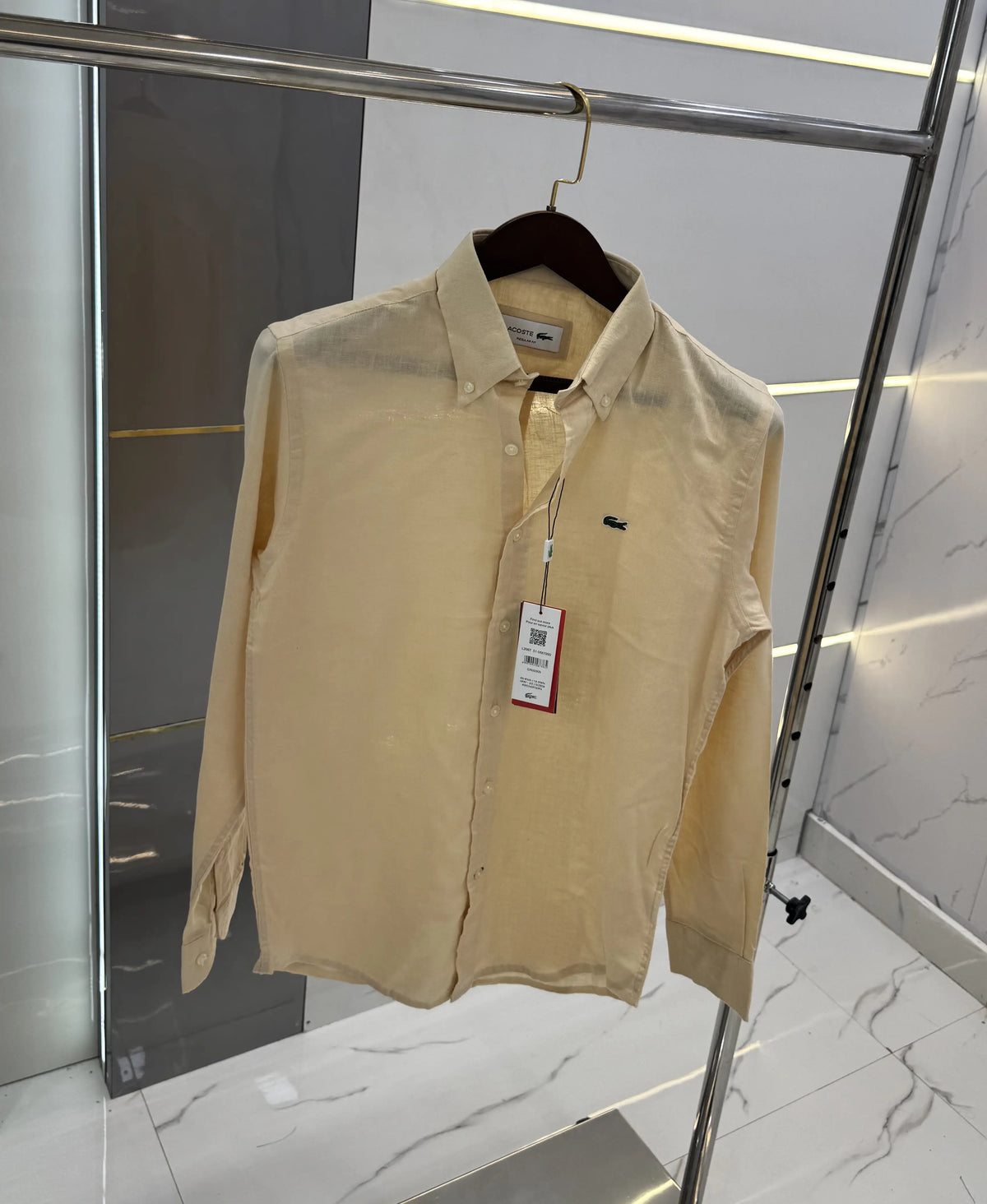 Lacost e Beige Embroidery Logo Premium Linen Shirt