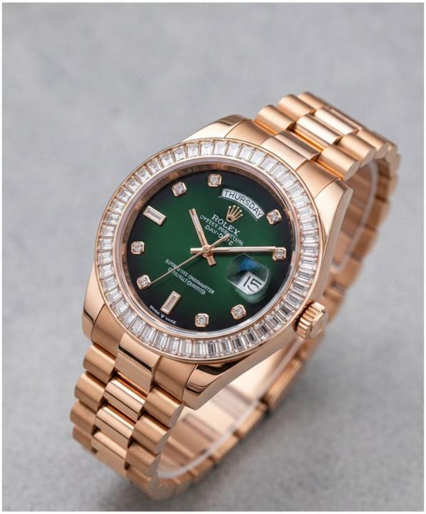 Rolx Oyster Perpetual Day Date Rose Gold Green Diamond
